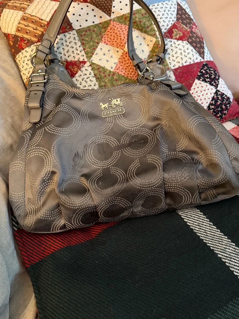 Coach Gray Signature SoHo Style HoBo - Coach Fabric Body With Leather Handles